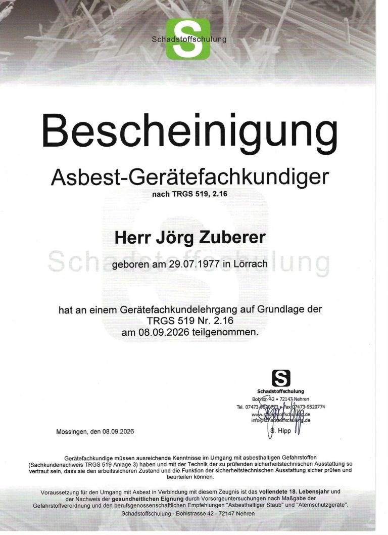 Bescheinigung Asbest-Gerätefachkundiger nach TRGS 519 Nr. 2.16