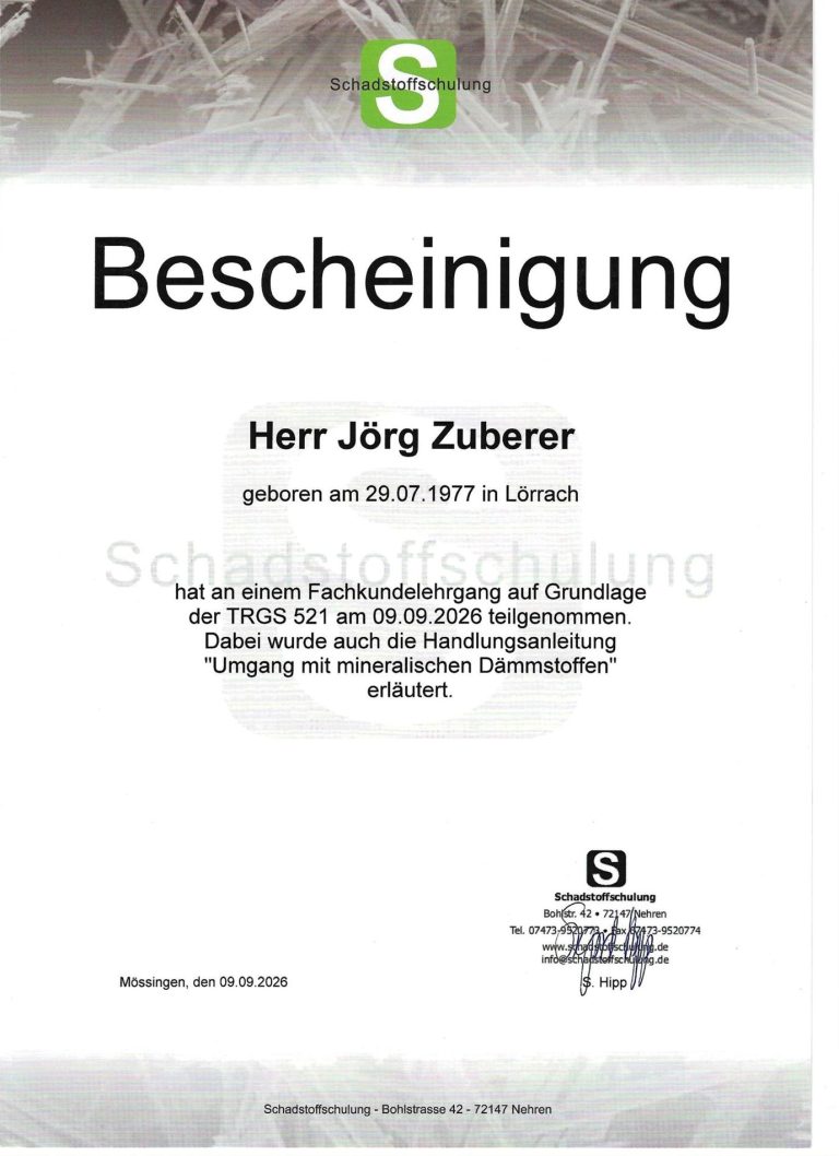 Bescheinigung Fachkunde nach TRGS 521 (mineralische Dämmstoffe)