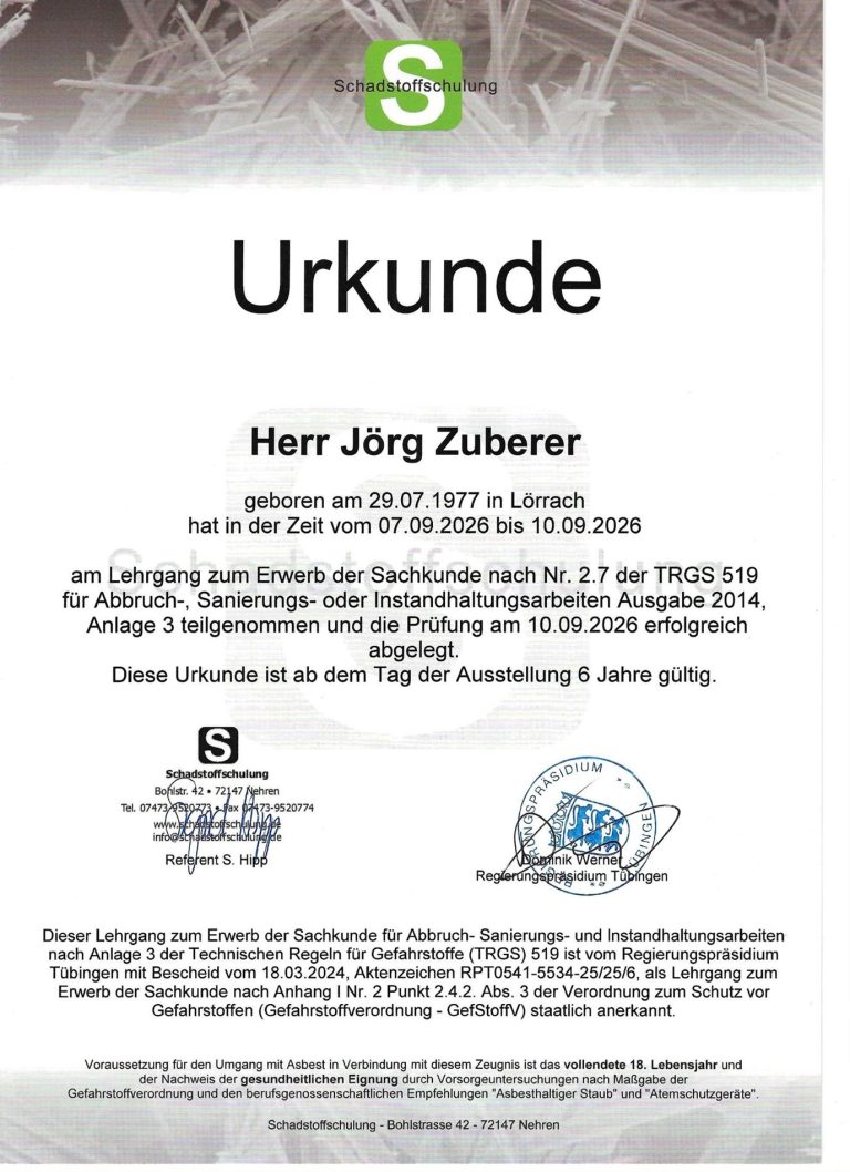 Urkunde Sachkunde nach TRGS 519 Anlage 3 (Asbest)
